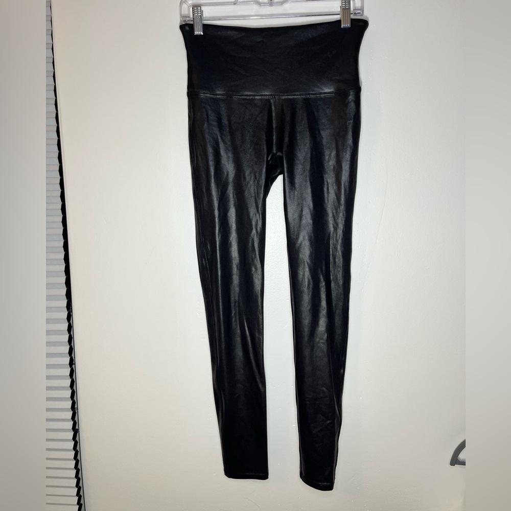 SPANX Faux Leather Leggings Black Size L High Rise Stretch - Picture 2 of 14